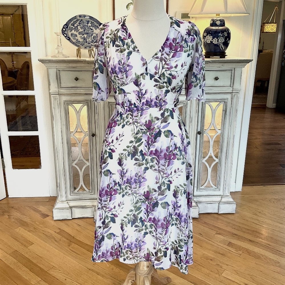 Madison Tara Purple & Lavender Floral Lightweight Lined Midi Dress NWOT Sz 12